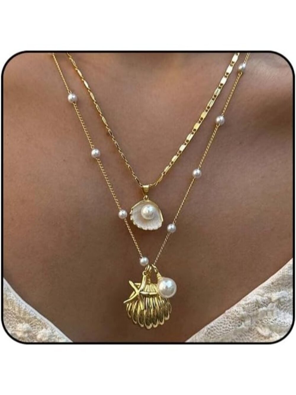 Women's 2 Layer Gold Starfish Pearl Seashell Cowrie Shell Beach Necklace